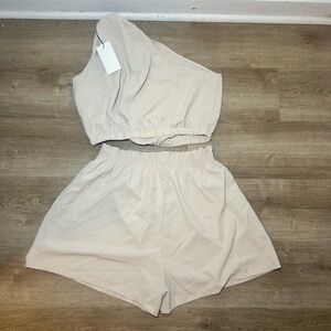 Beige One-Shoulder Top and Shorts Set